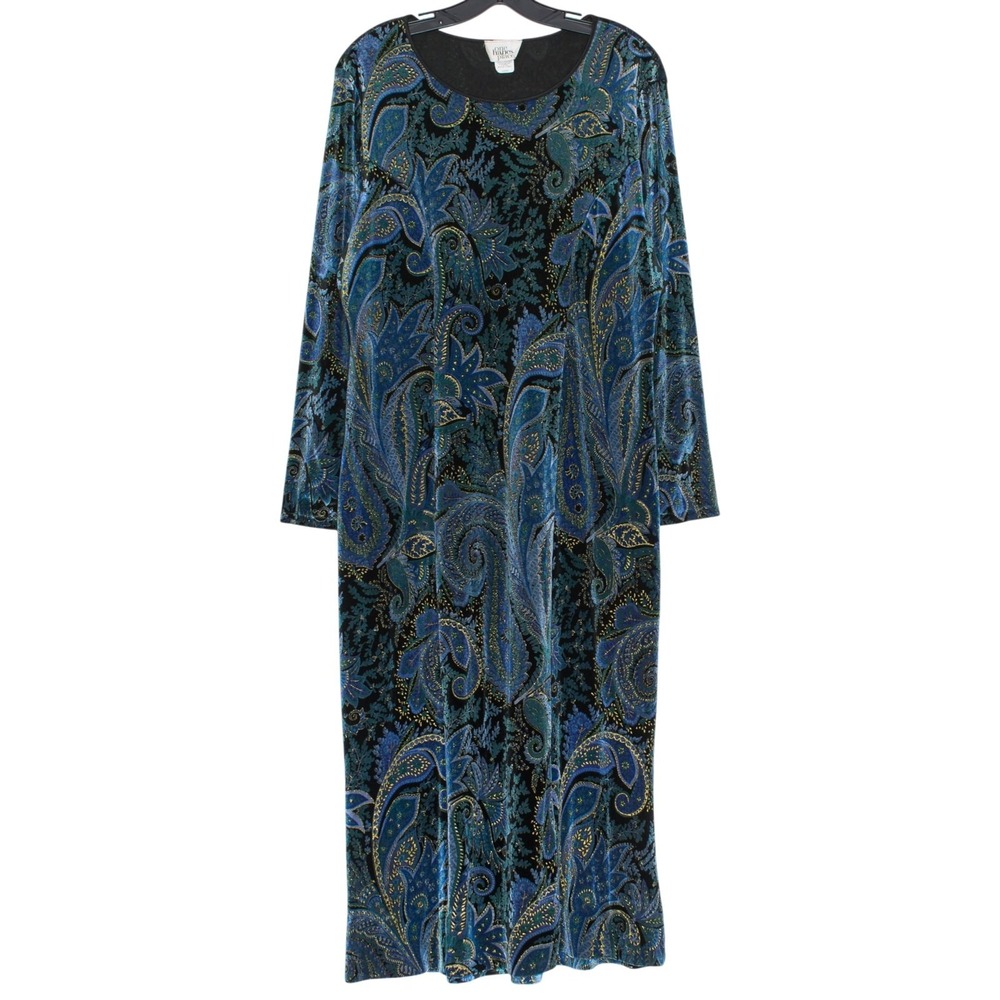 Vintage Velour Maxi Dress Paisley Metallic Boho Blue USA Evening Holiday Party L